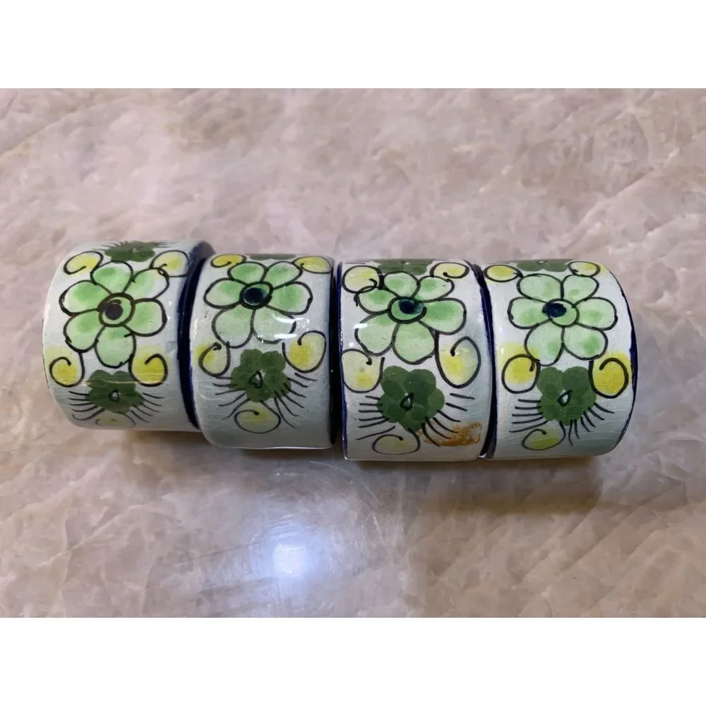 Set of 4 Made in Mexico Tonala Green Floral Hand Painted Napkin Rings